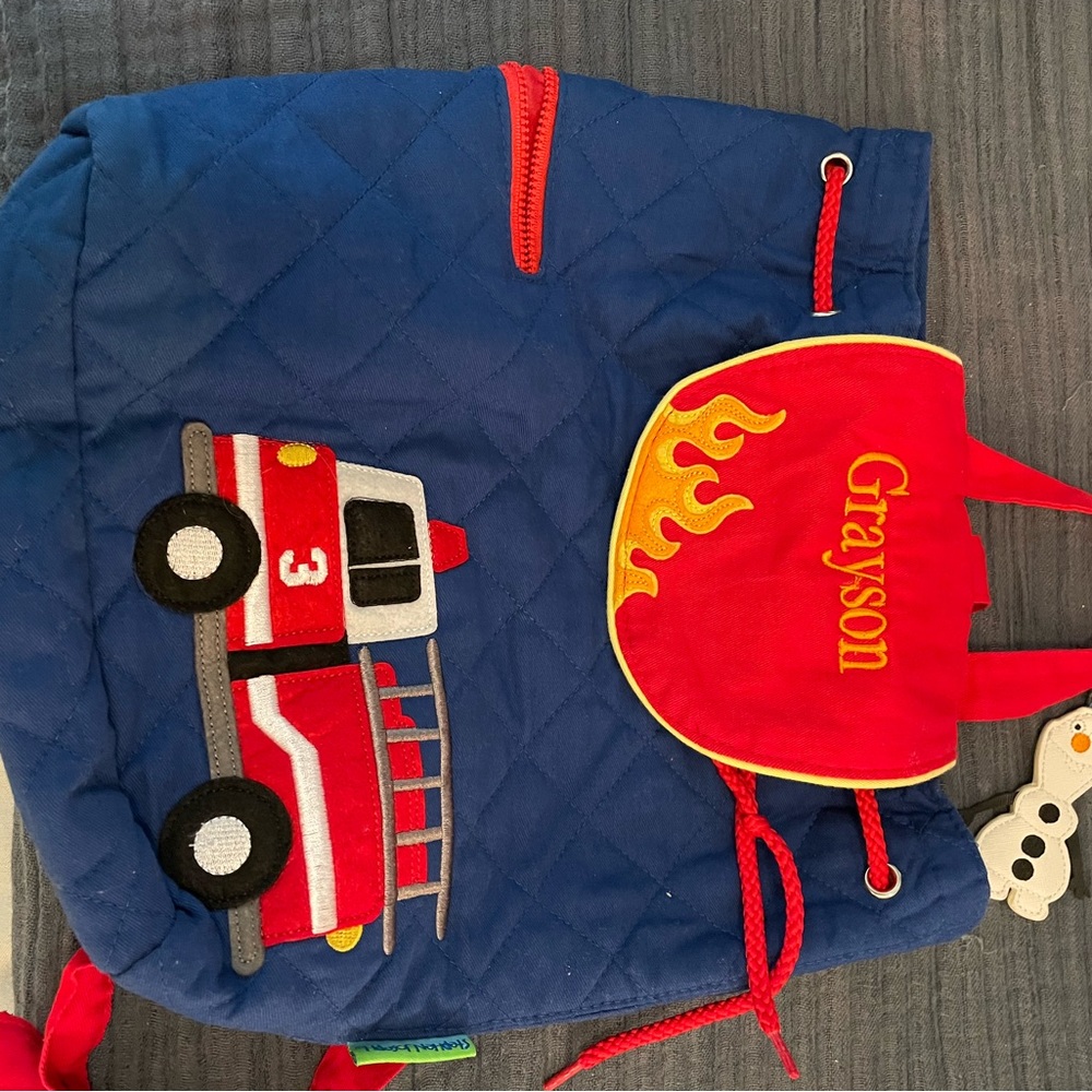 toddler boy fabric backpack, personalized, Grayson, with firetruck
